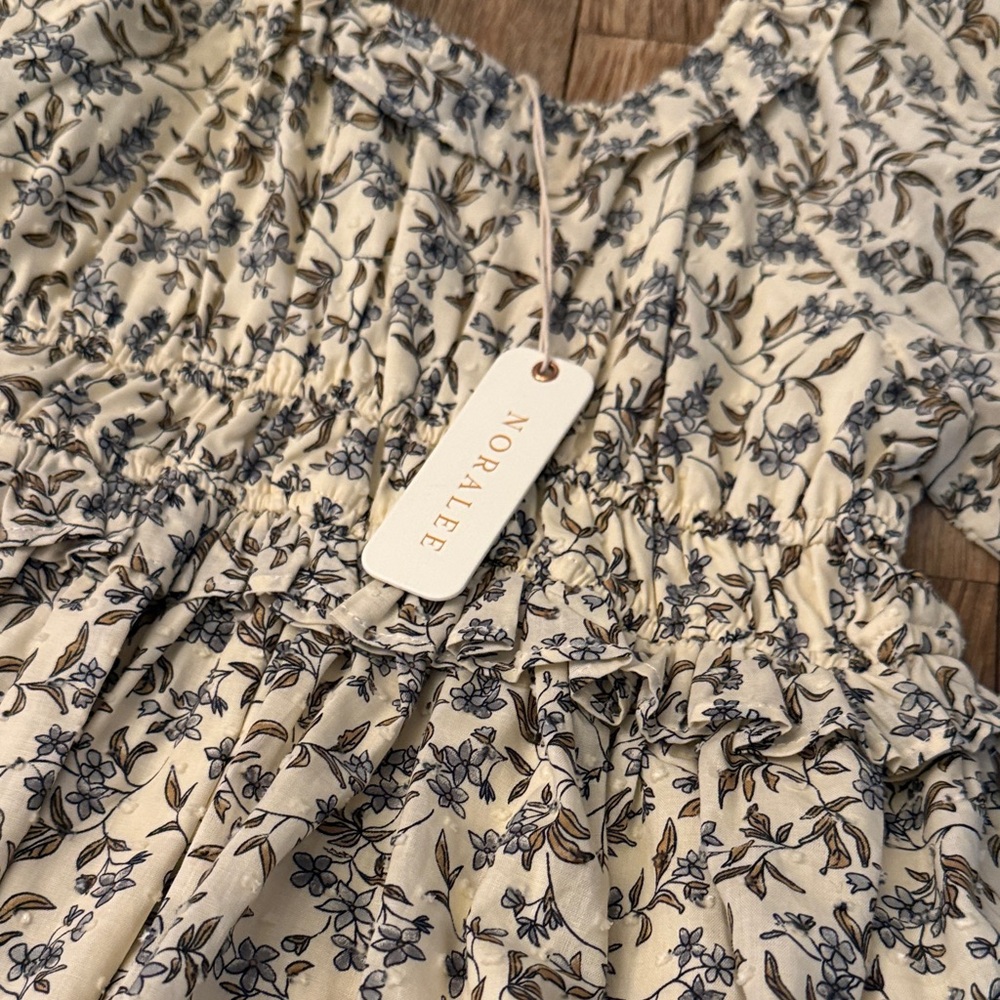 Girls Cream Floral Smocked Dress with Blue Print - Picture 3 of 3